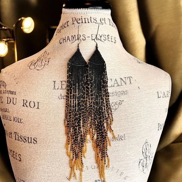 Dramatic Black and Gold Hand Beaded Cascade Earrings - Picture 10 of 16